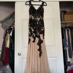 Black and nude lace prom dress